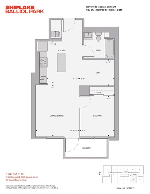 Floor plan for 1 bed, 1 bath, 653 sqft